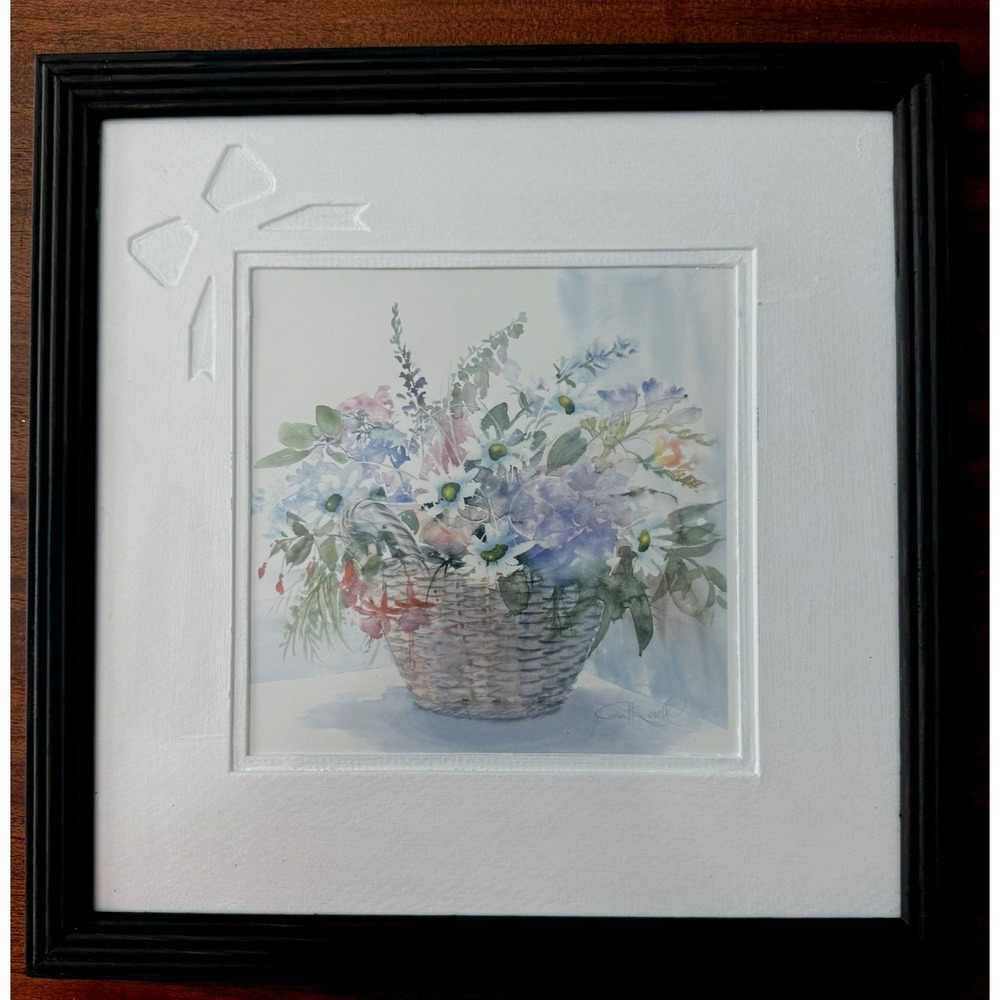 Celia Russell Floral Basket‎ Print Framed 11x11 Shadowbox Bow Mat Cottagecore